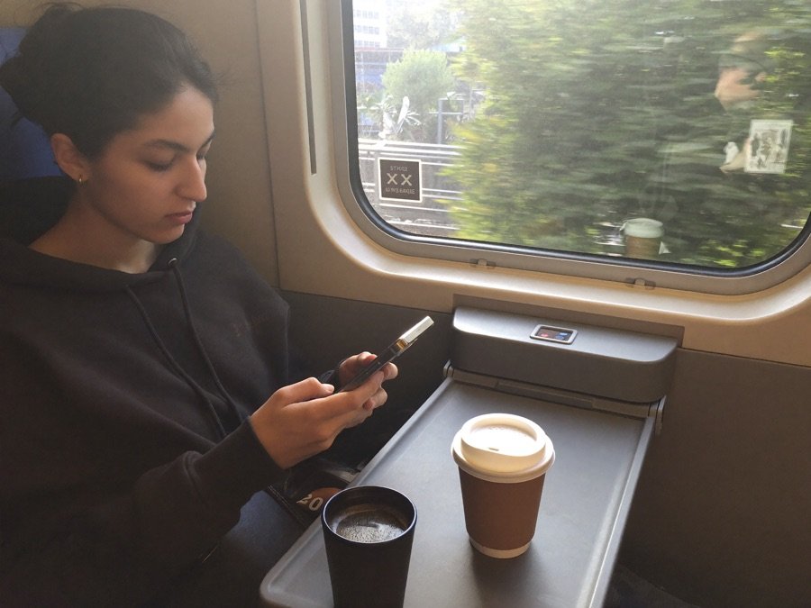 Una candidata studia dal telefono in treno